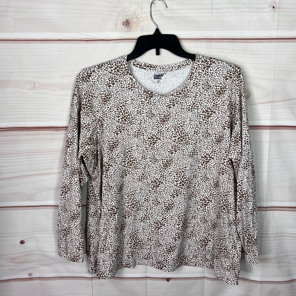 Lands End Top‎ Womens 2X Brown Leopard T-Shirt Relaxed Fit Crew Neck Cotton Knit